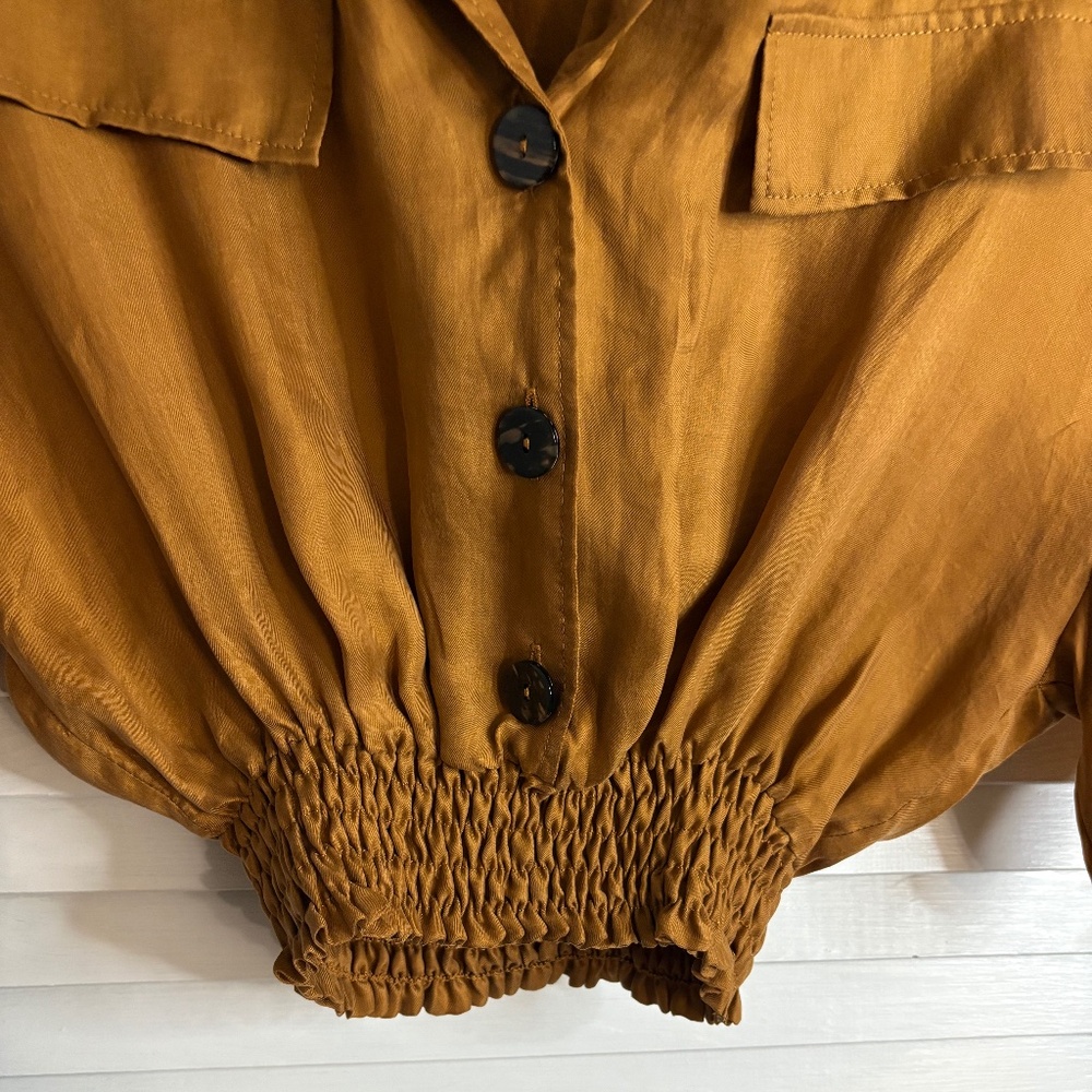 Zara Fillsens Women’s Size S Semi Crop Top/Blouse/Shirt Tan/Brown Ciniched Waist - Picture 6 of 6